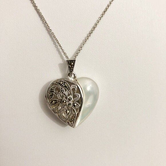 Filigree MOP Heart Locket Necklace Silver Tone - Picture 1 of 7